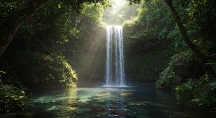 Fototapeta premium A beautiful sunlit waterfall cascading into a calm tranquil pool