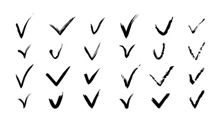 Check or tick hand drawn black icons. Set of ink ok sing for design. Right symbols isolated on white background.
