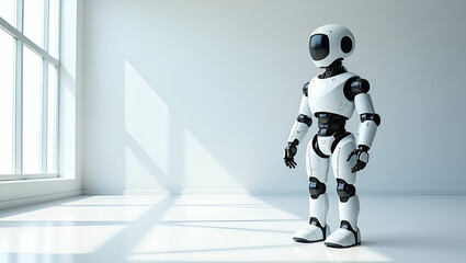 Fototapeta premium Explore our flat cute vector illustration showcasing smart robotics and AI integration, embodying modern minimalist design and futuristic technology.