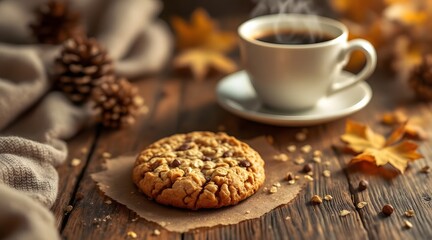 Warm Autumn Day Coffee and Homemade Cookie on Rustic Wood
