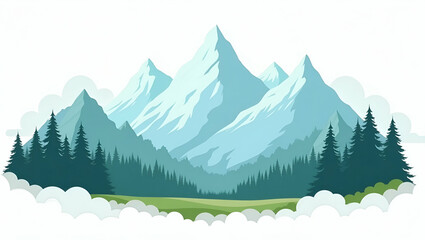 Fototapeta premium Stunning Flat Vector Illustration of Lush Mountain Scenery: Towering Peaks, Verdant Forests, and Crisp Natural Light for Premium Outdoor Stock Imagery