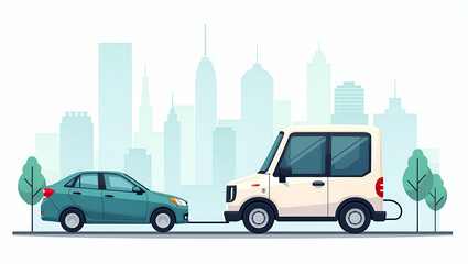 Explore the rise of electric vehicles in a flat modern illustration, showcasing advanced tech and sustainable energy for future urban mobility.