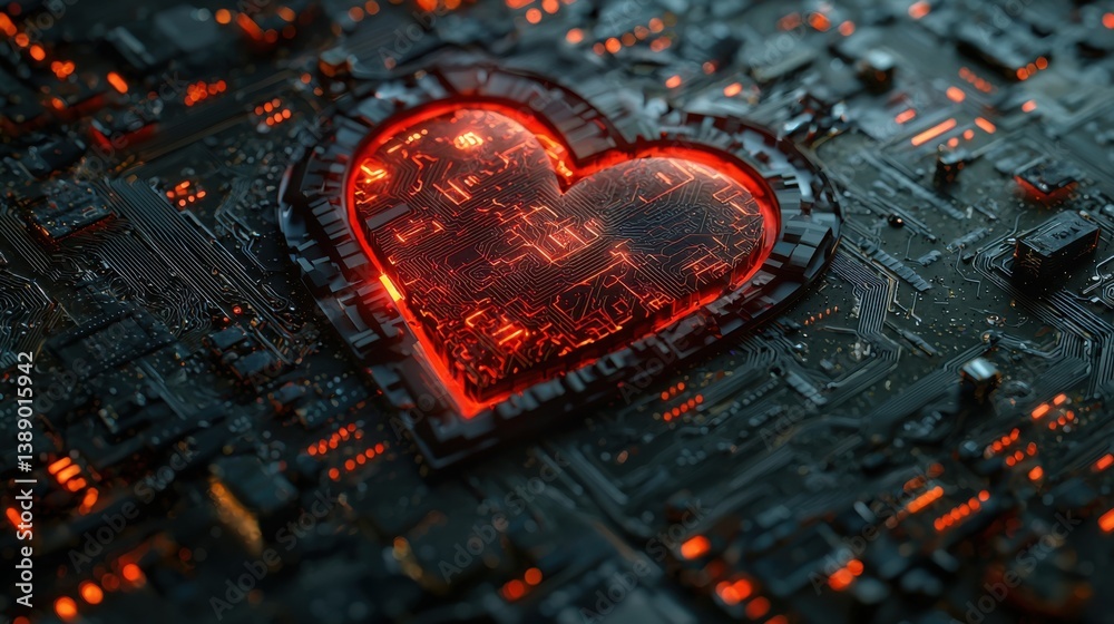 Poster heart on circuit board displaying the intricate connection between human emotion and digital technol
