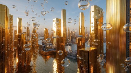 Reflective Golden Cityscape with Water Bubbles