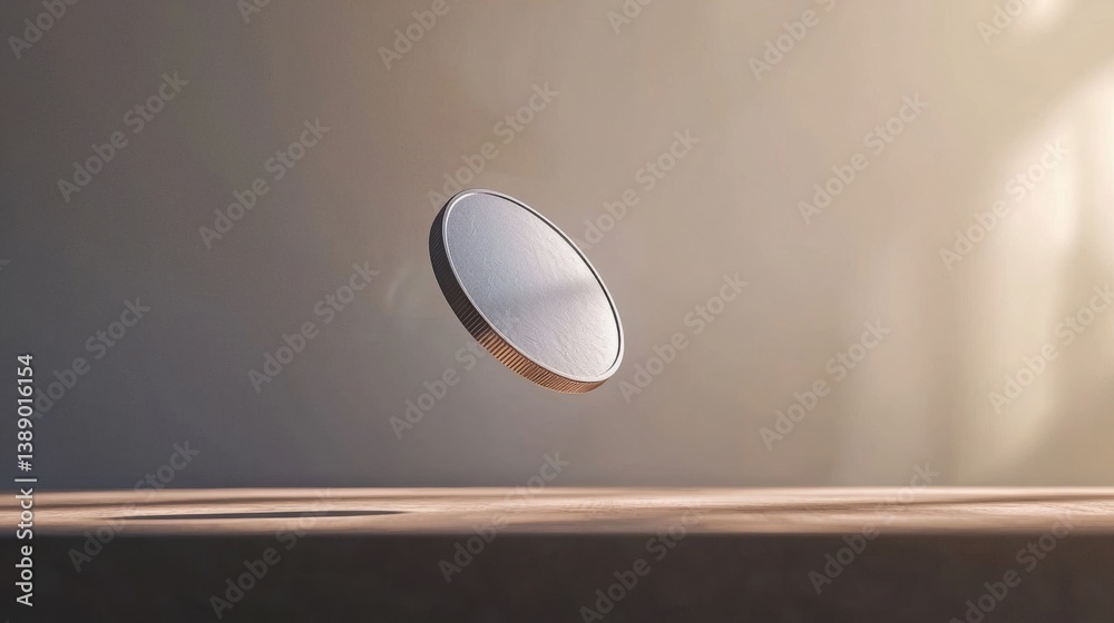 Poster ai coin levitating in force field above a table displaying futuristic technology and conceptual inno