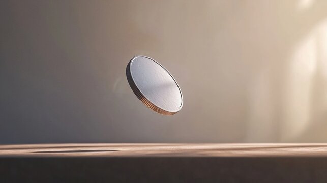 Ai coin levitating in force field above a table displaying futuristic technology and conceptual innovation