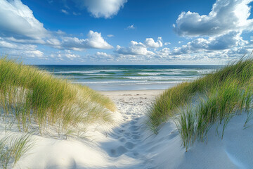 In summer, the sandy beach with scattered shell fragments forms a picturesque coastal scene, offering wide copy space for designs, advertisements, or seasonal creative visuals