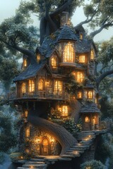Enchanted Treetop House at Dusk.