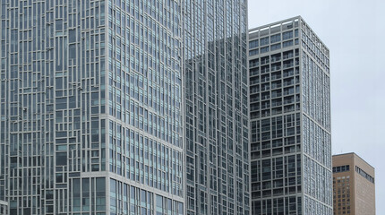 Modern high-rise glass buildings in urban downtown area on a cloudy day, showcasing contemporary architecture, geometric facade patterns, and commercial real estate development