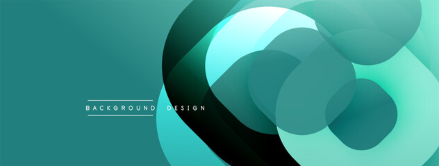 Abstract design. Overlapping circles create dynamic composition. Teal, turquoise, dark shades present modern aesthetic. Minimalist style, clean lines.