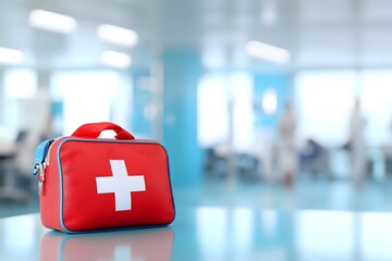 Red first aid kit with white cross on a blue surface in a room.