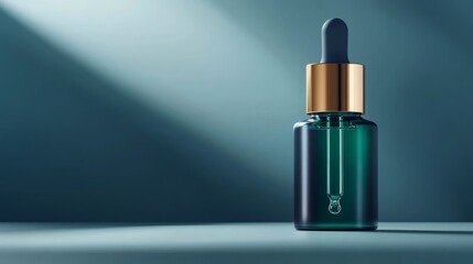 Elegant glass dropper bottle with golden cap illuminated by soft light, showcasing skincare product