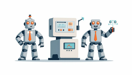 Explore how flat innovative robotic control systems enhance machine performance with integrated sensors and automation, illustrated in a cute vector style.