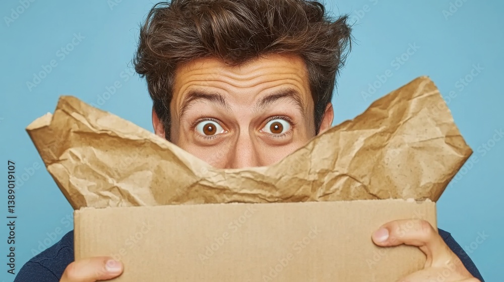 Poster surprised man holding a cardboard box with a unique expression while a robot face peeks from the mes