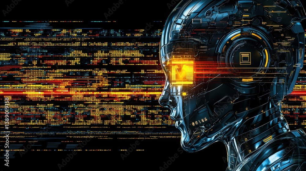 Poster futuristic robot with a glowing face peeking out from a message box in a creative and engaging displ