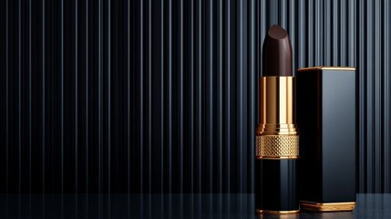 Elegant dark lipstick displayed on a sleek black background with subtle vertical lines
