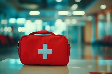 Red first aid kit with white cross on a table in a building.