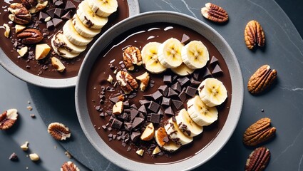 Fototapeta premium Delicious chocolate banana smoothie bowls garnished with nuts and chocolate pieces on a dark surface
