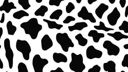 Vector cow print pattern or cow skin texture. Abstract black irregular spots pattern on white backdrop. Hand drawn design. Farm animal print