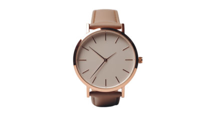 A close up of a wristwatch with a white face and a light brown leather strap on a on transparent background