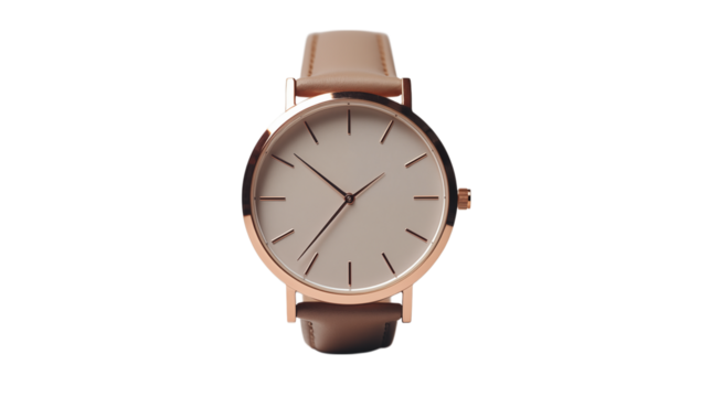 A close up of a wristwatch with a white face and a light brown leather strap on a on transparent background