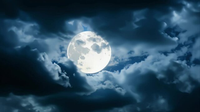 Navigate through thick cloud layers, fly towards a bright full moon, 4k resolution footage