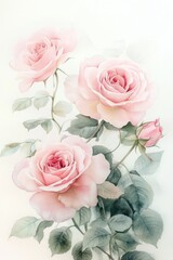 A delicate watercolor painting displaying beautiful pink roses in bloom
