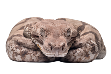Close up of a coiled snake with patterned scales resting on a looking at the camera on transparent background