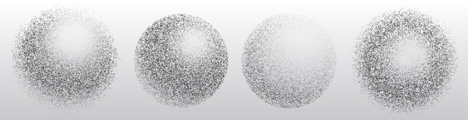 Dotted sphere shapes set - various circle silhouettes formed by dense black dot texture. Round grainy stamps, stencil elements with stipple effect. Halftone gradient splatter blobs for grunge design.