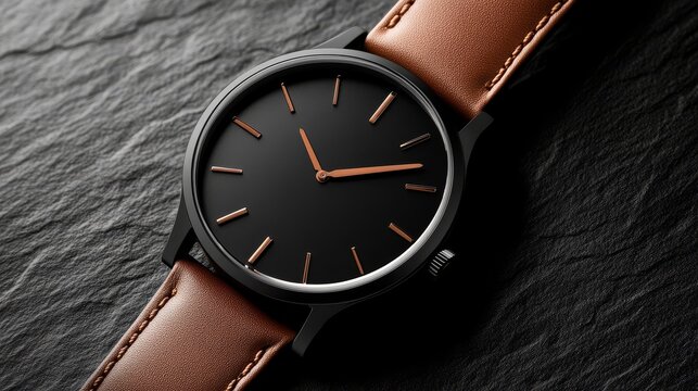 Elegant black watch with brown leather strap resting on textured slate surface, showcasing simplicity