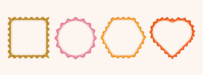 Decorative scalloped frames set - square and round, hexagonal and heart stamp borders with wavy lace edges. Vintage label shapes collection with stitched effect. Cute ornate trim for scrapbooking.