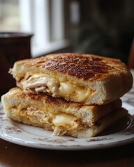 Delicious chicken melt sandwich with melted cheese on a plate capturing the essence of comfort food in a cozy setting tasty and appetizing