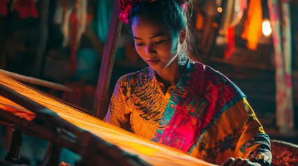 A skilled artisan weaves vibrant textiles with precision. Colorful threads and traditional techniques come together in this stunning scene. Craftsmanship shines brightly. Generative AI
