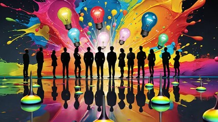 Silhouettes of individuals in front of colorful paint splashes and glowing light bulbs, symbolizing creativity and innovation.

