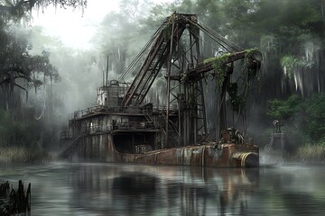 Abandoned dredge in a misty swamp environment, with trees and calm waters. Background suggests an environmental theme