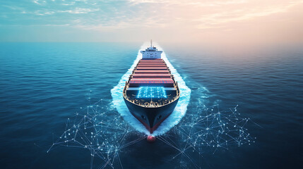A futuristic AI driven autonomous cargo ship, self-sailing vessels navigating the open sea with no human crew, Shipping tech style