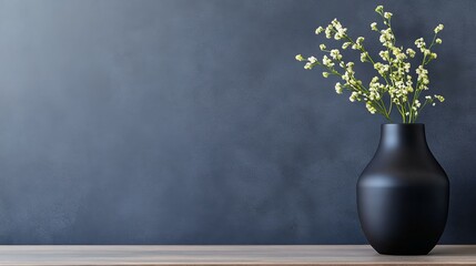 Elegant black vase filled with delicate white flowers against a textured dark background