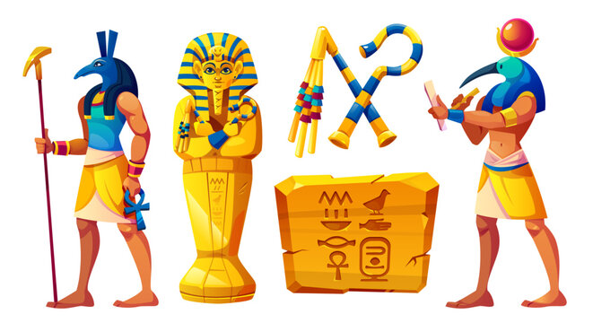 Ancient Egyptian stone pharaoh statues set - Anubis holding ankh, golden sarcophagus with mask, Thoth with writing tools, hieroglyphs on tablet. Historical art and culture elements, antique tomb decor