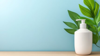 Minimalistic white lotion bottle on wooden surface with lush green leaves against a soft blue background