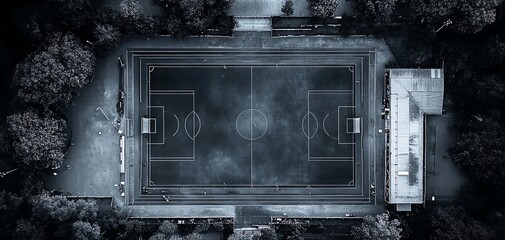 Aerial view of a frozen soccer field, shrouded in mist.  Dark, moody atmosphere. Perfect for sports, winter, or mystery themes.