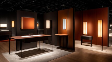 Modern interior showcasing elegant furniture and lighting designs in a contemporary exhibition space