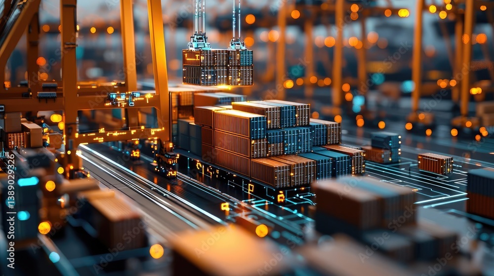Poster cargo ship in harbor with global shipping logistic concept. a vibrant scene of containers being lift