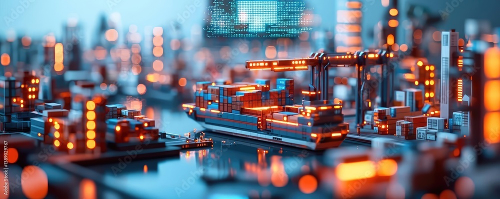 Poster cargo ship in harbor with global shipping logistic concept. a vibrant miniature port scene with illu