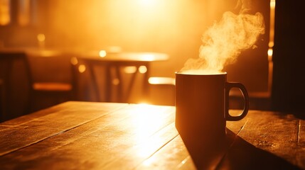 Warm cup of steaming coffee on a wooden table, illuminated by golden sunlight in a cozy café