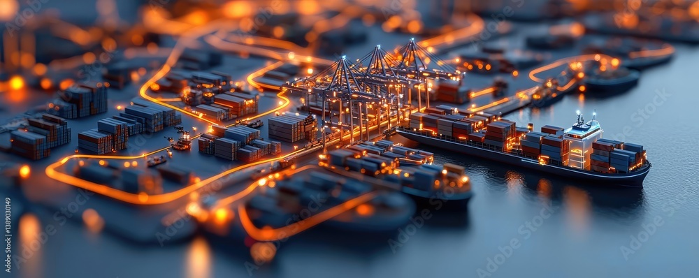 Poster cargo ship in harbor with global shipping logistic concept. aerial view of a vibrant harbor with ill
