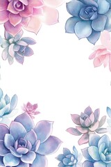 Watercolor painting features various succulents in lovely pastel shades