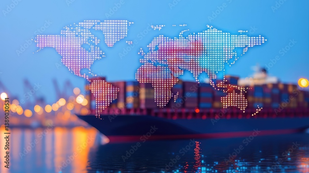 Aufkleber cargo ship in harbor with global shipping logistic concept. digital map overlay on cargo ship in por