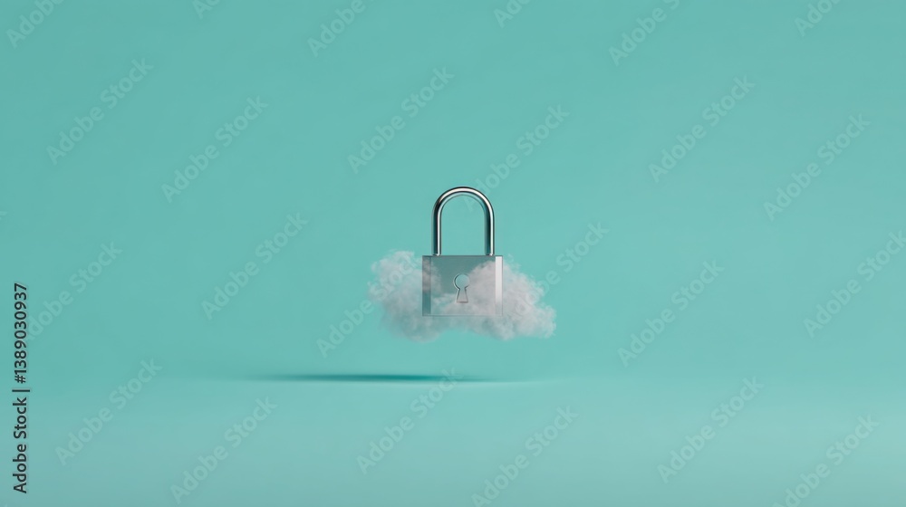 Poster secure cloud finance hub featuring a smart lock with cloud elements representing digital security an