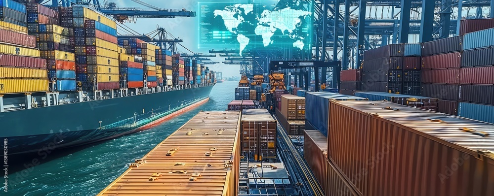 Poster cargo ship in harbor with global transportation trade concept. aerial view of shipping containers at