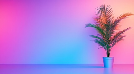 Lush green plant in a vibrant pink and blue gradient background, creating a serene atmosphere